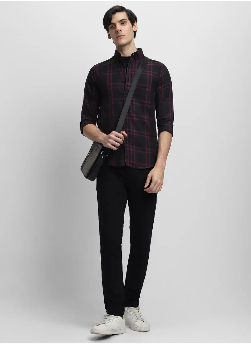 دينيس لينغو Men's Black 100% Cotton Checkered Button Down Shirt