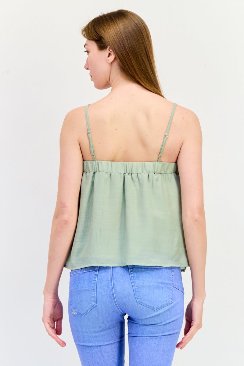 Reserved Women Square Neck Sleeveless Plain Top, Sage Green  - Image 2