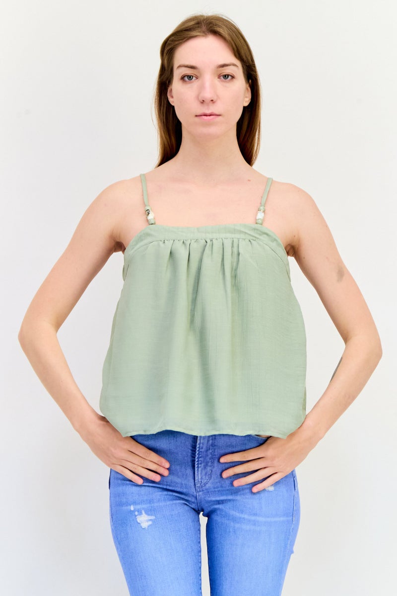 Reserved Women Square Neck Sleeveless Plain Top, Sage Green  - Image 1