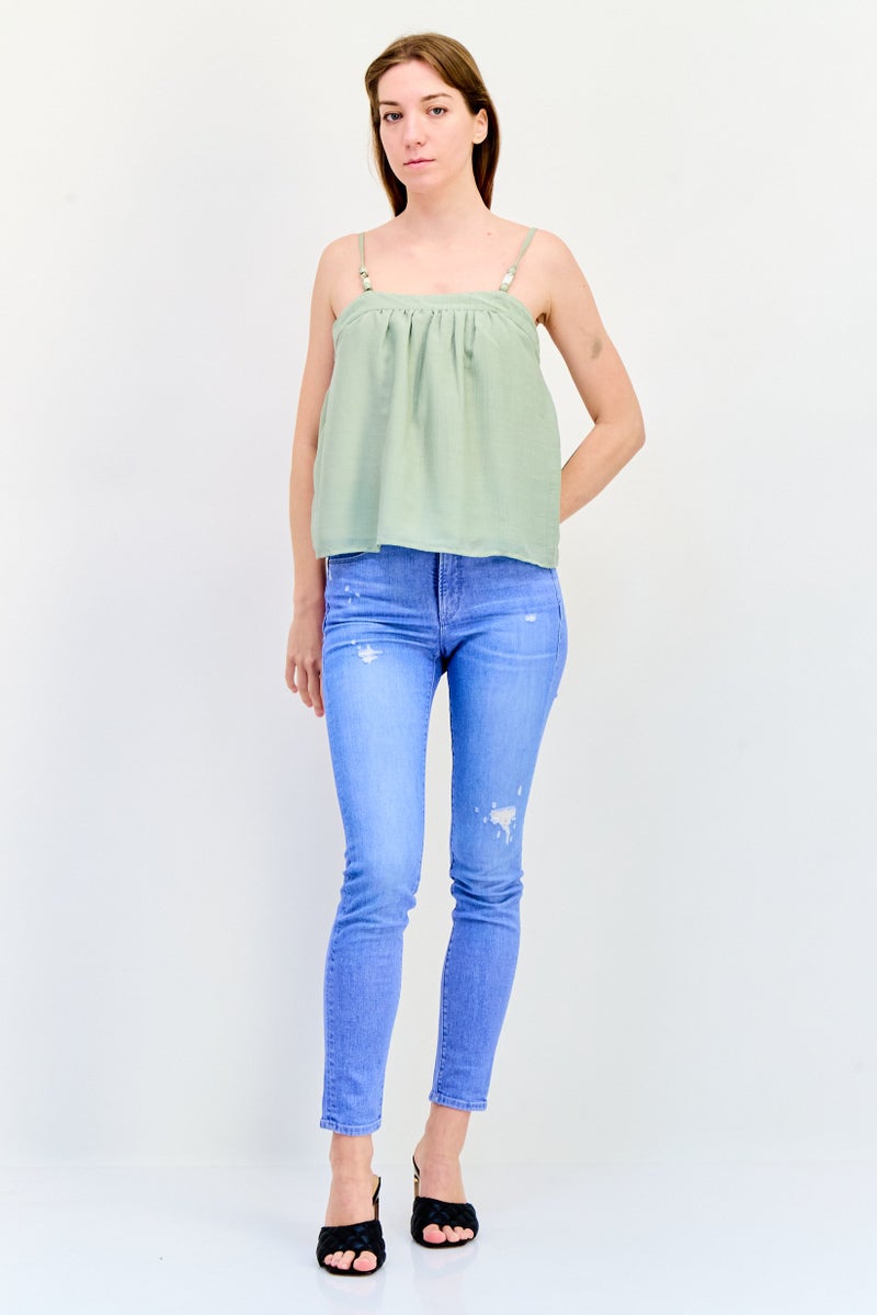 Reserved Women Square Neck Sleeveless Plain Top, Sage Green  - Image 4