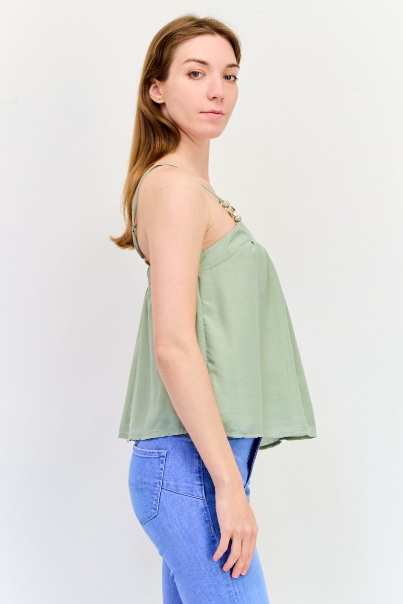 Reserved Women Square Neck Sleeveless Plain Top, Sage Green  - Image 3