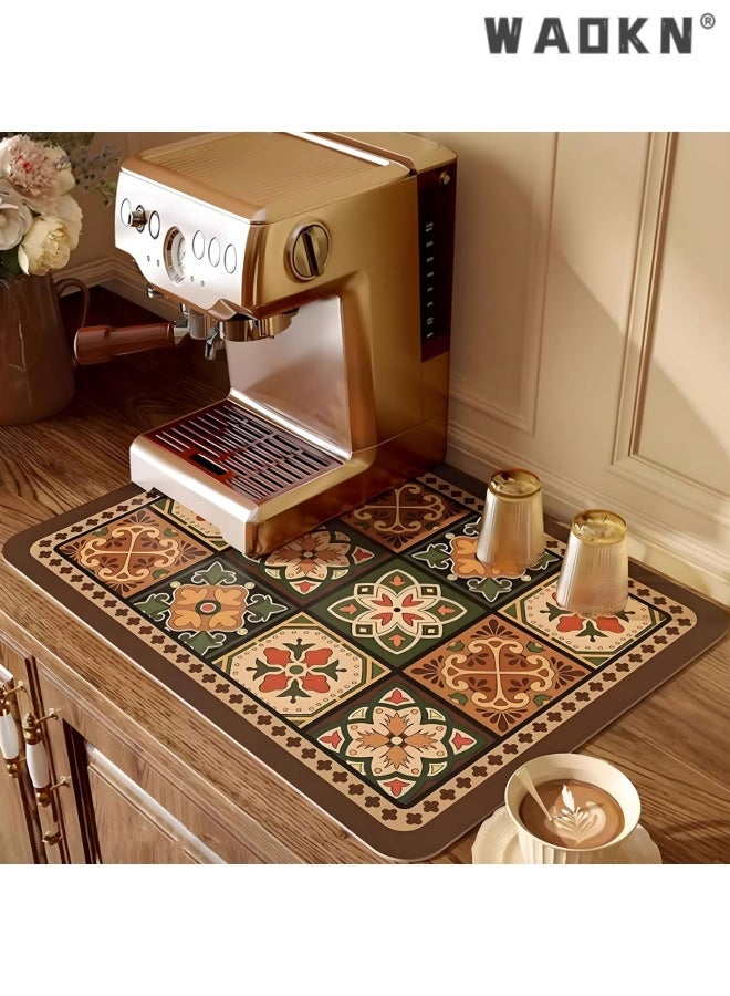 WAOKN Coffee Mat, Boho Style Dish Drying Mat, Fast Water Absorption, Hide Stains, Easy to Clean, Fit Coffee Bar Accessories, Bar Mats for Countertop, boho Checkered, heat insulation pad , diatomaceous earth material ,40*60cm . - Image 1