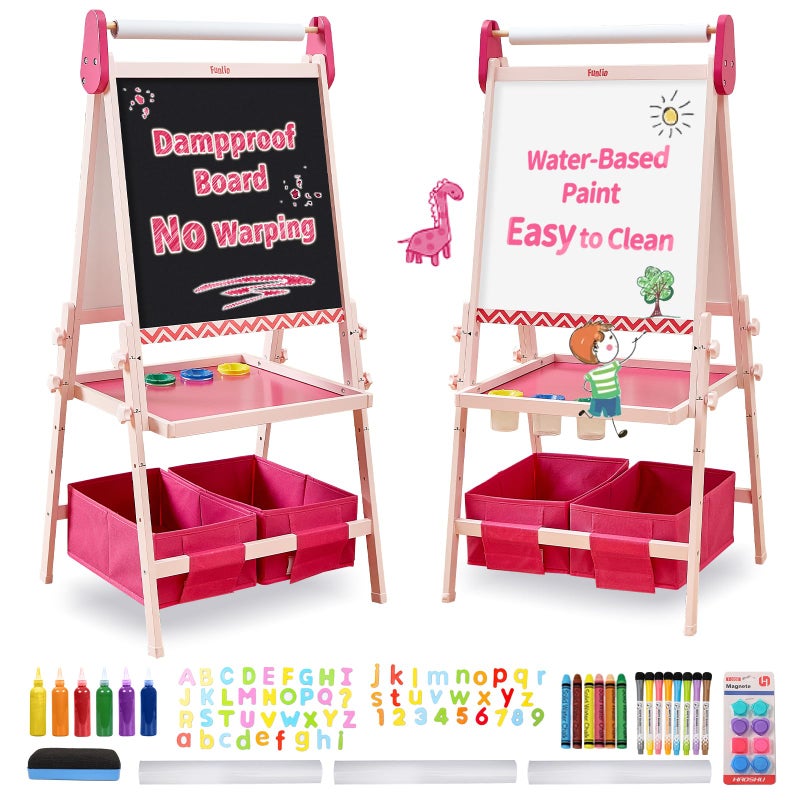 FUNLIO Anti-Warping Kids Art Easel, 3 Height Adjustable for Kids Aged 2-8, All-in-One Toddler Easel with Paper Roll & Erasable Frame, Standing Easel with Magnetic Chalkboard/Whiteboard (Pink) - Image 1