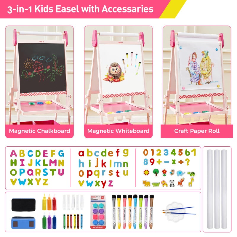 FUNLIO Anti-Warping Kids Art Easel, 3 Height Adjustable for Kids Aged 2-8, All-in-One Toddler Easel with Paper Roll & Erasable Frame, Standing Easel with Magnetic Chalkboard/Whiteboard (Pink) - Image 3