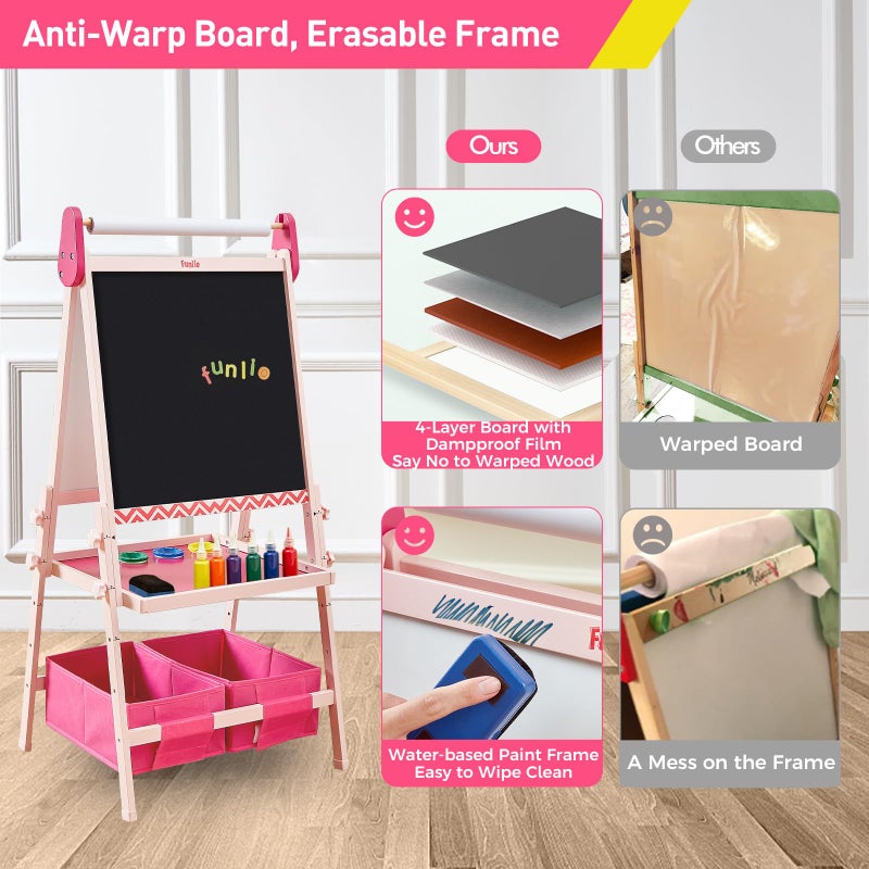 FUNLIO Anti-Warping Kids Art Easel, 3 Height Adjustable for Kids Aged 2-8, All-in-One Toddler Easel with Paper Roll & Erasable Frame, Standing Easel with Magnetic Chalkboard/Whiteboard (Pink) - Image 2
