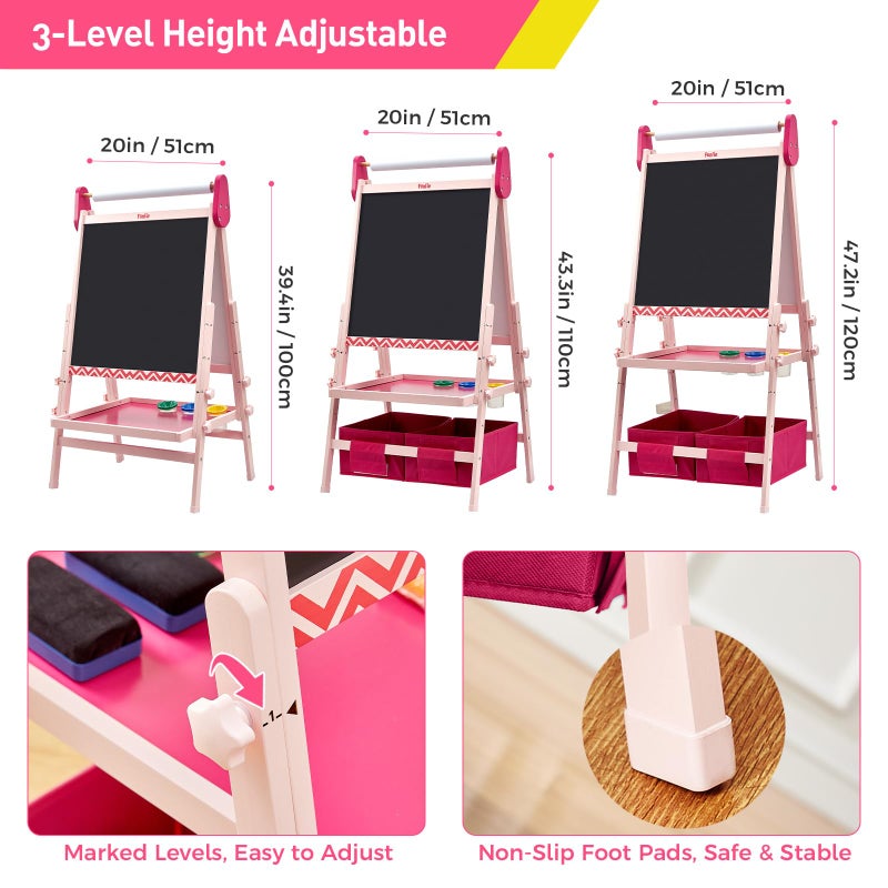 FUNLIO Anti-Warping Kids Art Easel, 3 Height Adjustable for Kids Aged 2-8, All-in-One Toddler Easel with Paper Roll & Erasable Frame, Standing Easel with Magnetic Chalkboard/Whiteboard (Pink) - Image 5