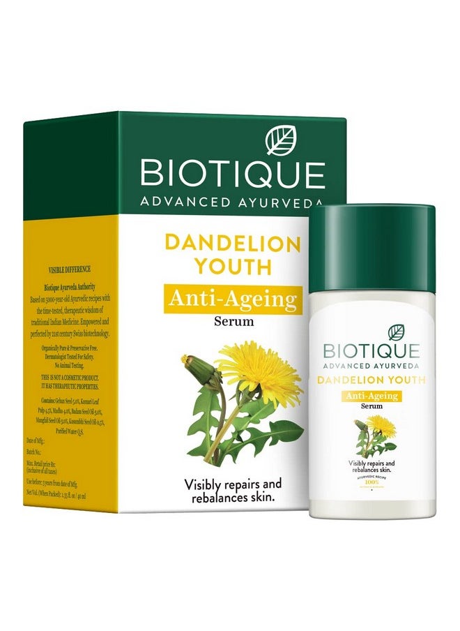 Biotique Dandelion Youth Anti-Ageing Serum| Ayurvedic And Organically Pure| Anti-Ageing Serum For Men & Women| Reduces Fine Lines & Wrinkles |100% Botanical Extracts| All Skin Types | 40Ml  - Image 1