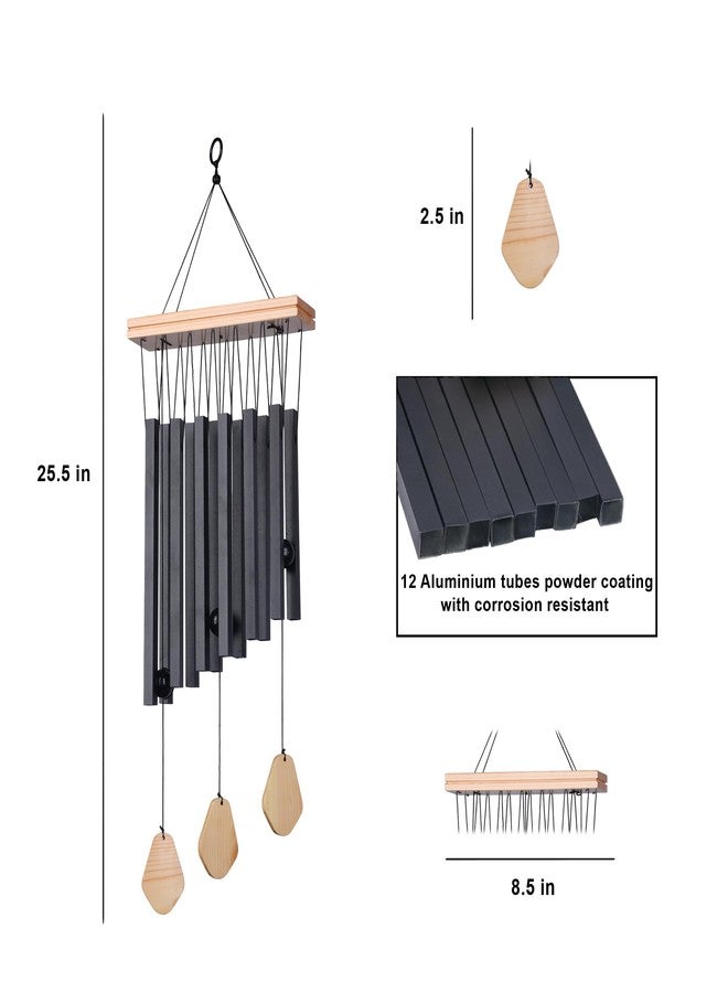 أجراس رياح ميلوبا 12 مربعة الشكل للمنزل والشرفة | أجراس معدنية معلقة لجلب الطاقة الإيجابية وتزيين المنزل | قطعة ديكور مستوحاة من علم الفاستو والتأمل - لون أسود - Image 4