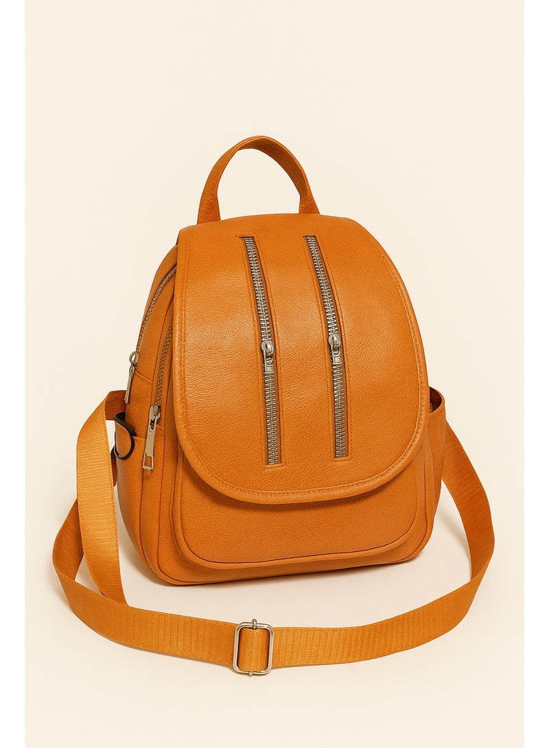 Women’s Orange Leather Backpack for Daily Use – Practical Multi-Pocket Design - Image 1