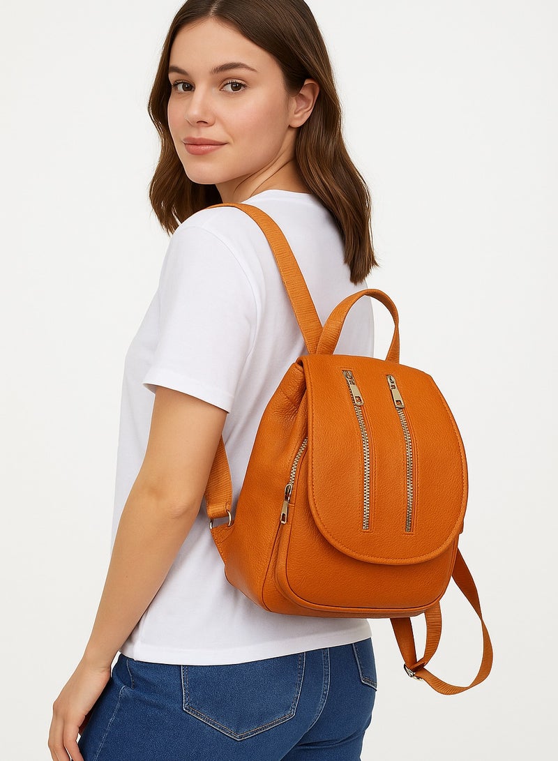 Women’s Orange Leather Backpack for Daily Use – Practical Multi-Pocket Design - Image 4