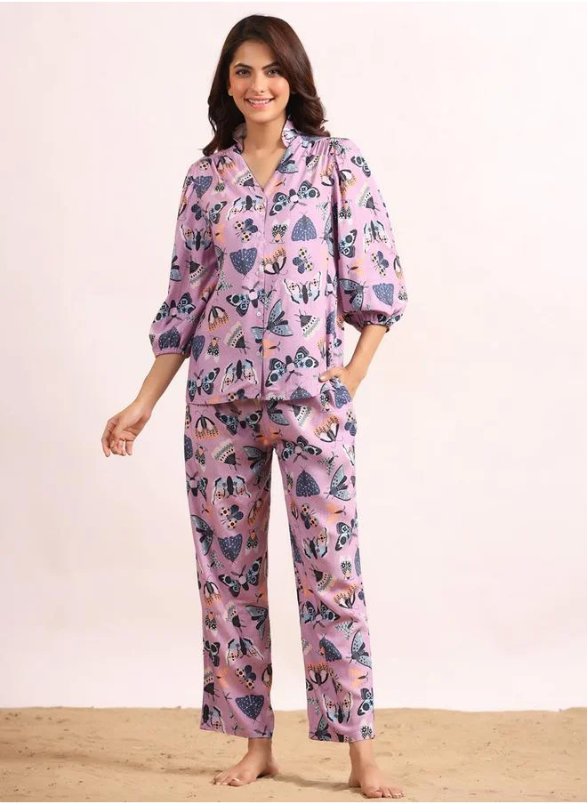 sanskrutihomes Butterfly Print 3/4 Sleeves Top Straight Pyjama Set