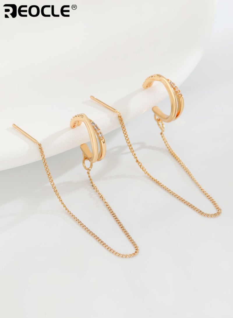 REOCLE 2PCS Women's Dual-Piece Ear Stack with Chain Tassel Drop & Textured Cuff Minimalist Modern Jewelry for Daily Wear and Special Occasions - Image 3