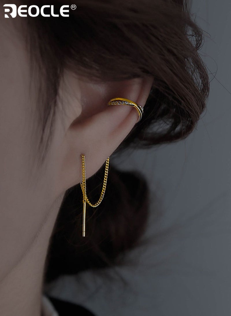 REOCLE 2PCS Women's Dual-Piece Ear Stack with Chain Tassel Drop & Textured Cuff Minimalist Modern Jewelry for Daily Wear and Special Occasions - Image 1