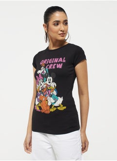 Mickey Mouse and Friends Graphic Print T-shirt with Cap Sleeves