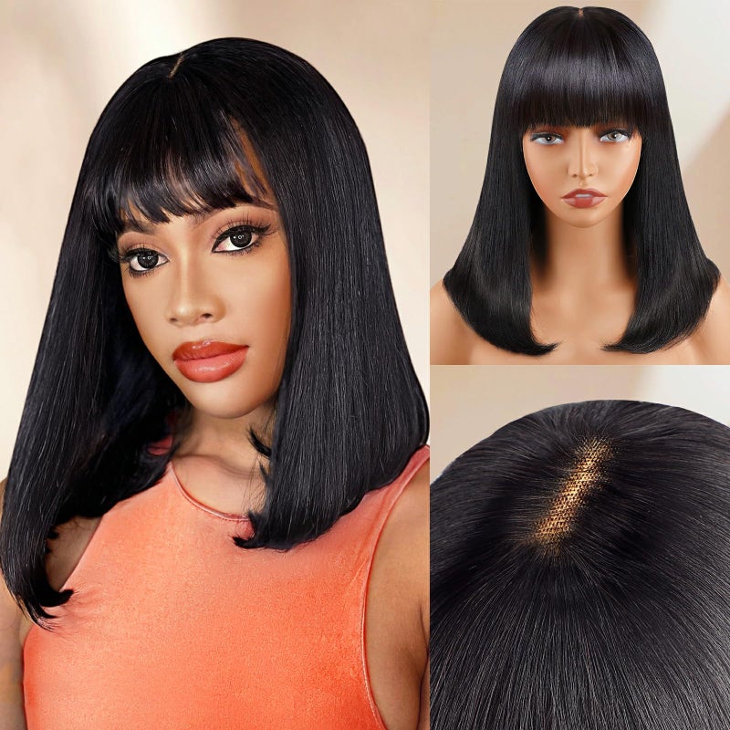 Lativ Bob Wig with Bangs Human Hair 4x2 Lace Bob Wig Human Hair with Bangs 150 Density Middle Part Natural Black16 InchBob With Bangs - Image 2