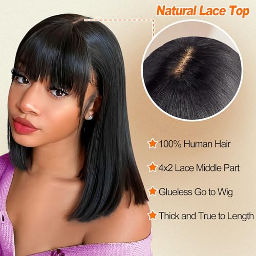 Lativ Bob Wig with Bangs Human Hair 4x2 Lace Bob Wig Human Hair with Bangs 150 Density Middle Part Natural Black16 InchBob With Bangs - Image 3