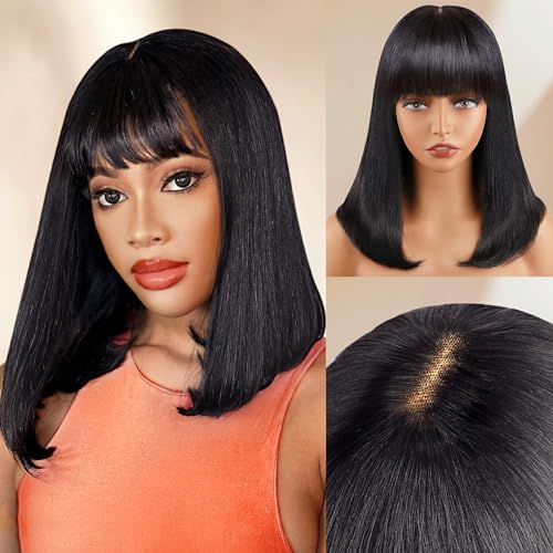 Lativ Bob Wig with Bangs Human Hair 4x2 Lace Bob Wig Human Hair with Bangs 150 Density Middle Part Natural Black16 InchBob With Bangs - Image 1