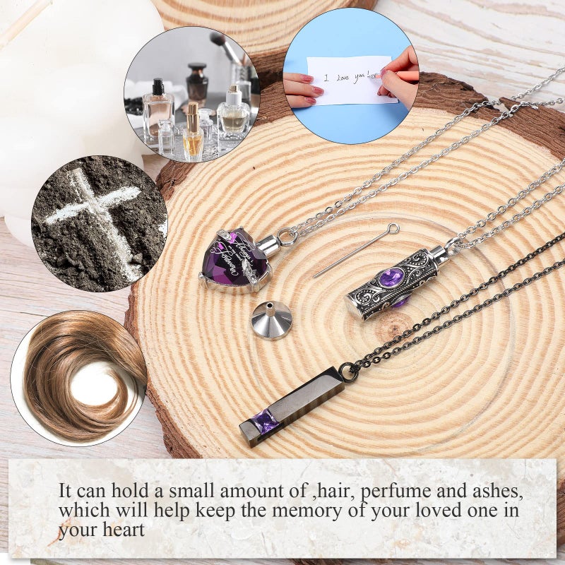 Mtlee 3 Pieces Cremation Urn Necklace for Ashes Vertical Bar Zircon, Heart Crystal Necklace Urn Stainless Steel Waterproof Memorial Pendant(Purple Zircon) - Image 5