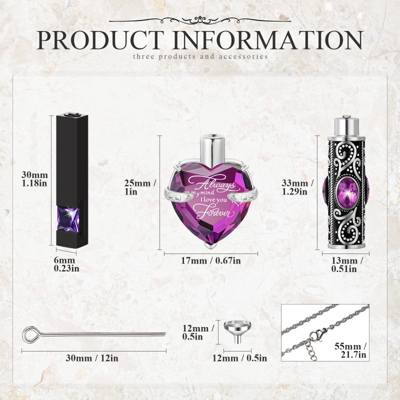 Mtlee 3 Pieces Cremation Urn Necklace for Ashes Vertical Bar Zircon, Heart Crystal Necklace Urn Stainless Steel Waterproof Memorial Pendant(Purple Zircon) - Image 2