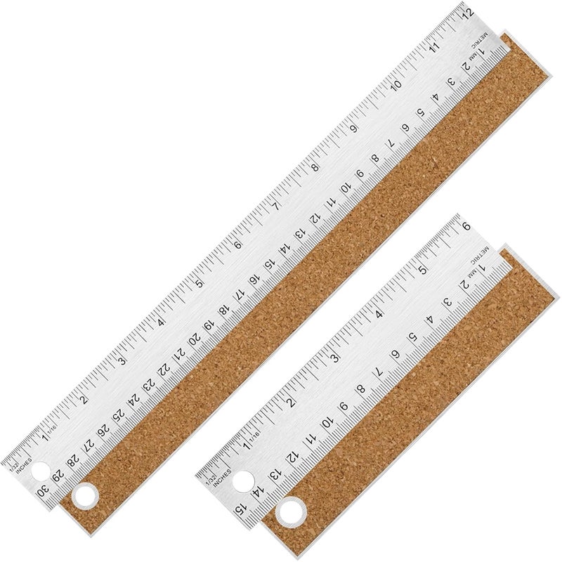 VORIGY Metal Ruler with Cork Backing, Stainless Steel Rulers 6 Inch 12 Inch Metal Ruler Imperial and Metric Ruler Non-Slip Prevent Ink Leakage for School Office Engineering Tools (6+12 Inch) - Image 1
