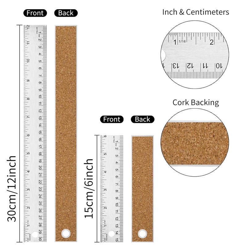 VORIGY Metal Ruler with Cork Backing, Stainless Steel Rulers 6 Inch 12 Inch Metal Ruler Imperial and Metric Ruler Non-Slip Prevent Ink Leakage for School Office Engineering Tools (6+12 Inch) - Image 2