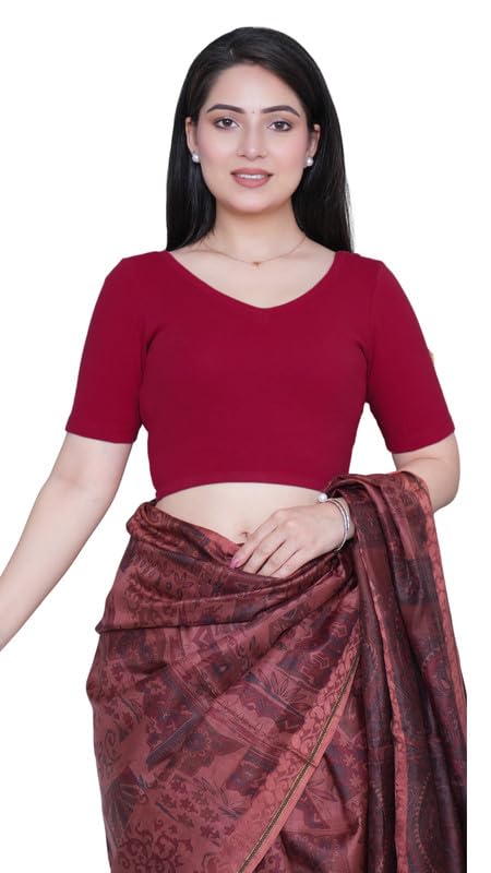 Mlada Store Mlada V-Neck Stretchable Saree Blouse Top for Women | Slim Fit Short Sleeves Solid Cotton Blouses | Readymade Saree Blouses for Women Festive & Ethnic | Blouse Crop Top - Image 1