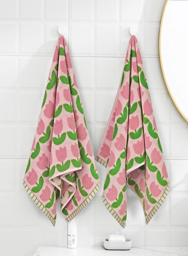 Jacquotha 4-Piece Hand Towels with Pink Tulips Pattern, Small Size 13x28 Inches, Cotton - Image 2