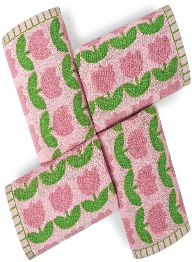 Jacquotha 4-Piece Hand Towels with Pink Tulips Pattern, Small Size 13x28 Inches, Cotton - Image 1