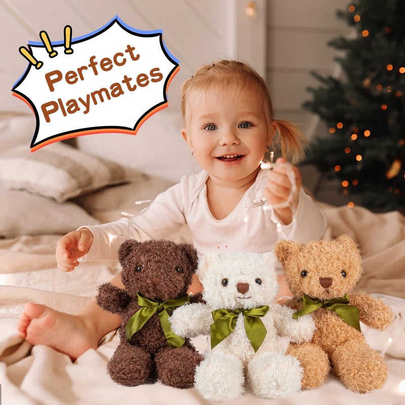 3 Packs Teddy Bear Stuffed Animals 3 Colors Plush Toys with 6 Pieces Bow Ties 9 Inch Height Cute Soft Teddy Bears Gift for Baby Shower Wedding Birthday Party Favors (Dark Brown, Golden, White) - Image 3