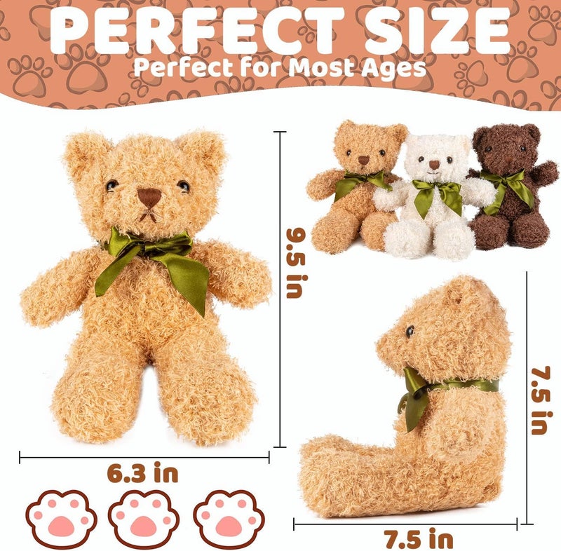 3 Packs Teddy Bear Stuffed Animals 3 Colors Plush Toys with 6 Pieces Bow Ties 9 Inch Height Cute Soft Teddy Bears Gift for Baby Shower Wedding Birthday Party Favors (Dark Brown, Golden, White) - Image 5