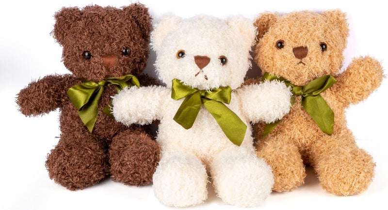 3 Packs Teddy Bear Stuffed Animals 3 Colors Plush Toys with 6 Pieces Bow Ties 9 Inch Height Cute Soft Teddy Bears Gift for Baby Shower Wedding Birthday Party Favors (Dark Brown, Golden, White) - Image 1