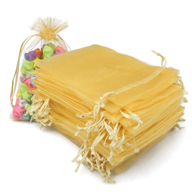 G2PLUS Organza Bags 46 Inches 100PCS Gold Organza Gift Bags with Drawstring Sheer Mesh Jewelry Pouches Sheer Candy Bag for Christmas Wedding Party Favors