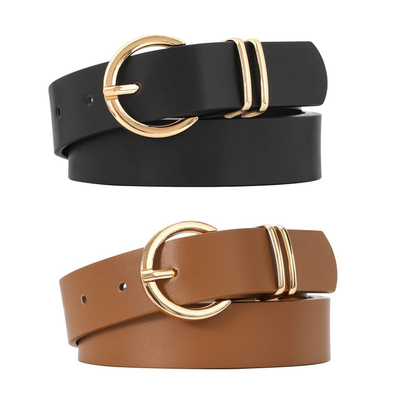 VONMELLI 2 Pack Women's Leather Belts for Jeans Pants Fashion Gold Buckle Ladies Belt Black Brown L - Image 1