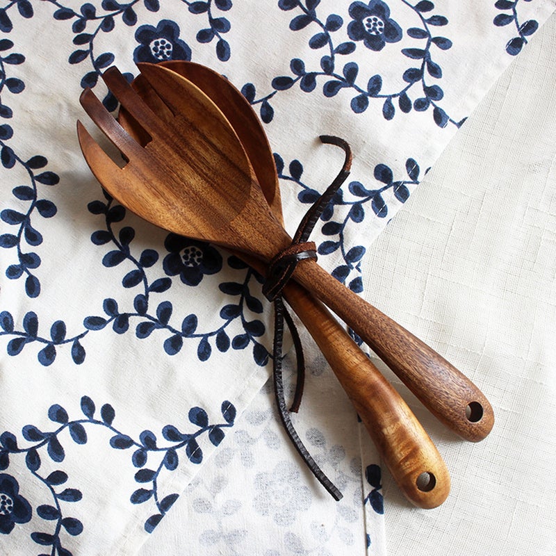4 PCS Non Stick Cookware Salad Serving Set Cooking Spoon And Fork Utensils Wood Tableware(Fork and Spoon) - Image 1