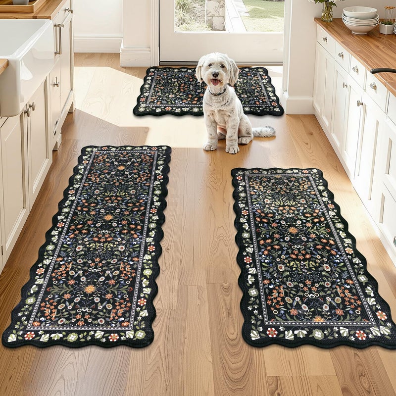 Yamaziot Anti Fatigue Kitchen Rugs Set of 3 - Boho Non Slip Waterproof Kitchen Mats for Floor, Boho Runner Rug for Kitchen Floor, Laundry, Desk, Bar, Office, 17.3"x29"+17.3"x35"+17.3"x47", Black - Image 1
