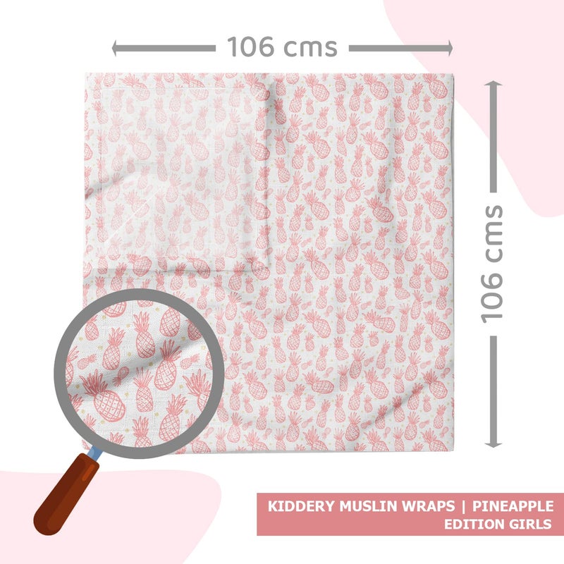 Kiddery أغطية كيدري للرضع | طباعة الأناناس | 100% قطن موسلين | قابل للتنفس | ناعم | غطاء للرضاعة | غطاء لعربة الأطفال | حديثي الولادة | حجم كبير جداً | إصدار الفتيات - Image 5