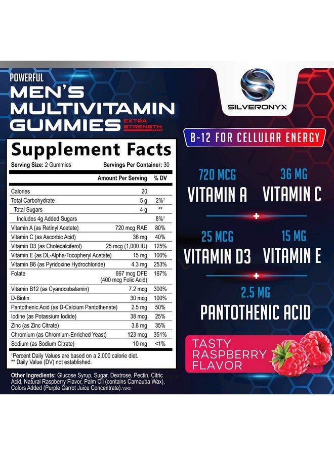SilverOnyx Men Multi Vitamin Gummy - Multi-Vitamin for Men Daily Nutritional Support with Vitamins A, C, D, E, B12, Zinc, Folate, Biotin & More - Focus, Energy, Memory & Immune Health Support - 60 Gummies - Image 2