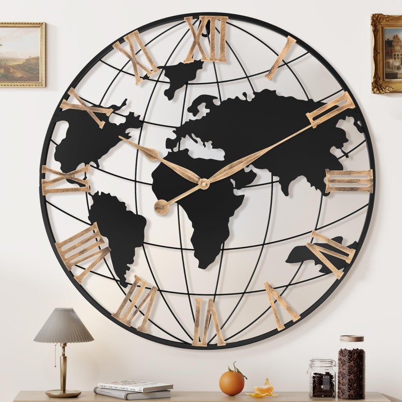 30 Inch Extra Giant Large Wall Clock OversizedBlack Big Metal Modern Decorative Silent World Map Wall Clock with Vintage Gold Roman Numeral for OfficeLiving RoomKitchenDining Room Decor