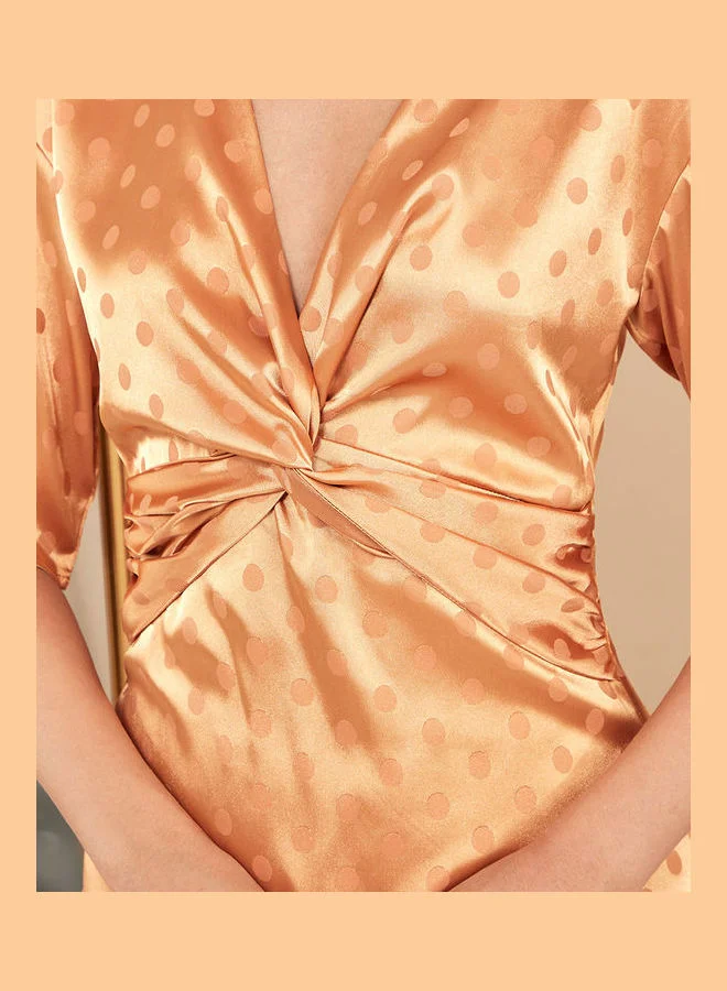 Styli Short Sleeves V Neck Front Twist Satin A-Line Maxi Dress