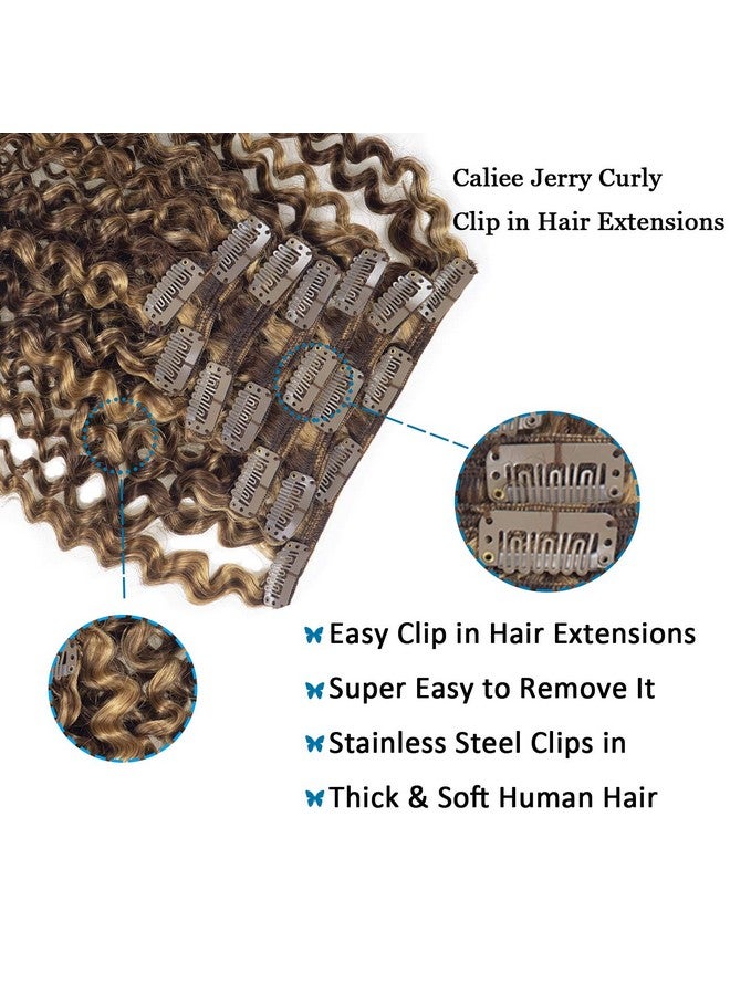 كاليي وصلات شعر كالي جيري مجعدة من شعر الإنسان بطول 18 بوصة، لون بني غامق مختلط مع أشقر فراولة للنساء، 3B 3C وصلات شعر بشري ريمي حقيقية، #P4/27، 120 جرام، 7 قطع - Image 3