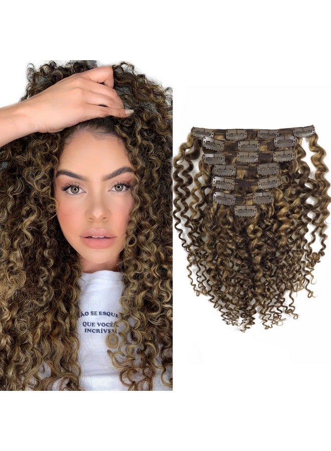 كاليي وصلات شعر كالي جيري مجعدة من شعر الإنسان بطول 18 بوصة، لون بني غامق مختلط مع أشقر فراولة للنساء، 3B 3C وصلات شعر بشري ريمي حقيقية، #P4/27، 120 جرام، 7 قطع - Image 1