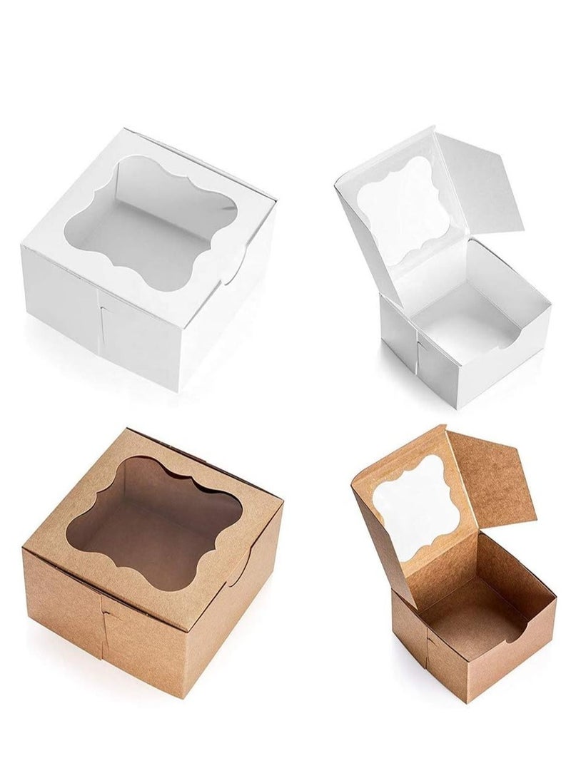 Premify 20 Cardboard White & Brown Bakery Boxes with Clear Window,(4x4x2.5inch) SQUARE Kraft PAPER GIFT Pie Cookie BAKERS Cake Box with Natural Disposable Storage, Transport Of Your Creations  - Image 1
