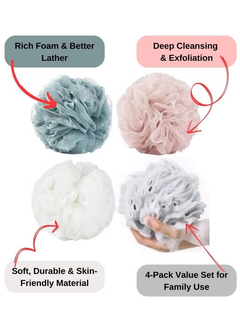 Large Bath Shower Sponge Pouf Loofahs: 4 Packs Each Eco-friendly Exfoliating Mesh Brush Pouf Bath Shower Ball Sponge-Exfoliate, Cleanse, Soothe Skin - Image 2