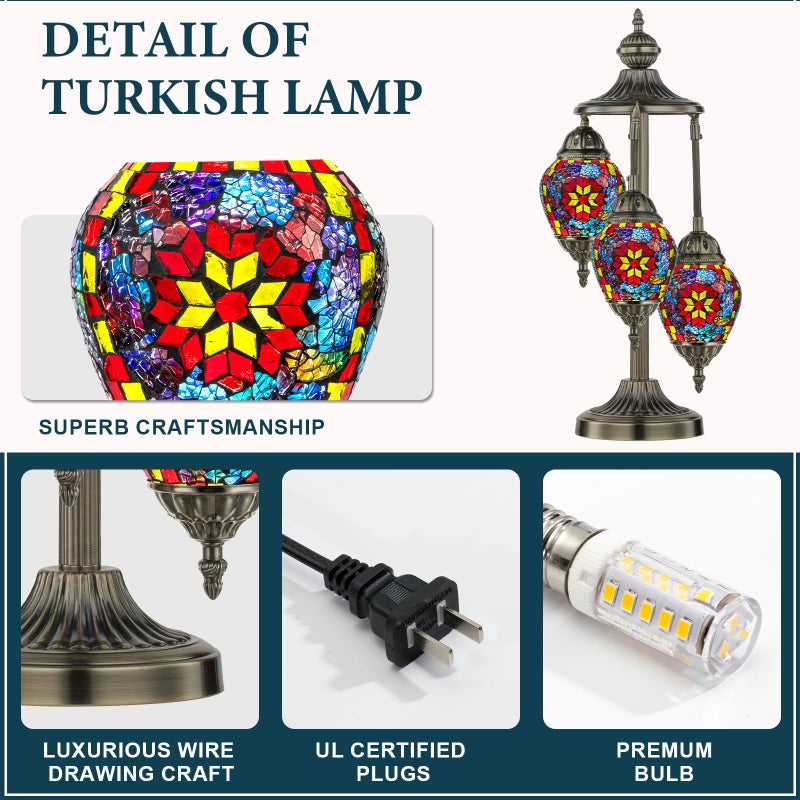 Marrakech Turkish Lamp 3 Globes Moroccan Table Lamp with Bronze Base, 23" Tall Handmade Colorful Tiffany Mosaic Glass Night Light Fixture Including LED Bulb for Living Room Bedroom Decor - Image 3