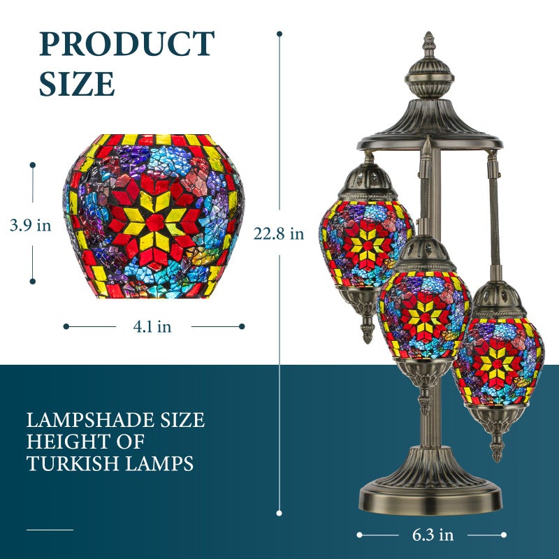 Marrakech Turkish Lamp 3 Globes Moroccan Table Lamp with Bronze Base, 23" Tall Handmade Colorful Tiffany Mosaic Glass Night Light Fixture Including LED Bulb for Living Room Bedroom Decor - Image 2