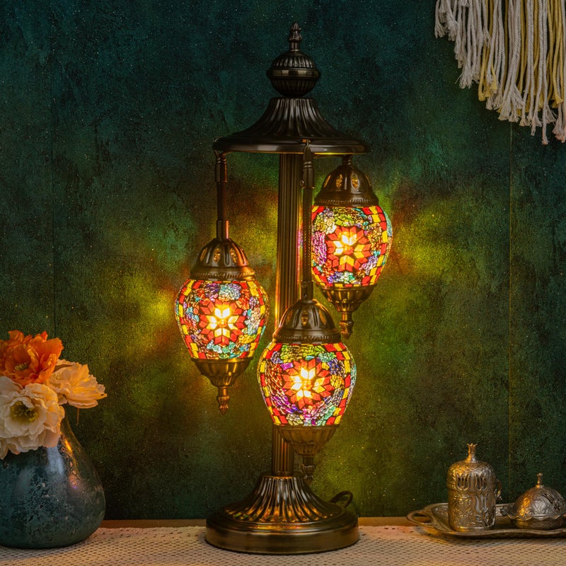 Marrakech Turkish Lamp 3 Globes Moroccan Table Lamp with Bronze Base, 23" Tall Handmade Colorful Tiffany Mosaic Glass Night Light Fixture Including LED Bulb for Living Room Bedroom Decor - Image 1