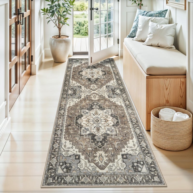 RUUGME Washable Kitchen Runner Rug 2x6 - Hallway Rugs Low Pile Entryway Carpet Vintage Soft Non-Slip Stain Resistant Indoor Floor Distressed Mat Home Decor for Bedside Bathroom Entrance(Beige/Blue/Grey,2x6) - Image 2