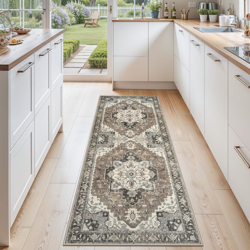 RUUGME Washable Kitchen Runner Rug 2x6 - Hallway Rugs Low Pile Entryway Carpet Vintage Soft Non-Slip Stain Resistant Indoor Floor Distressed Mat Home Decor for Bedside Bathroom Entrance(Beige/Blue/Grey,2x6) - Image 1
