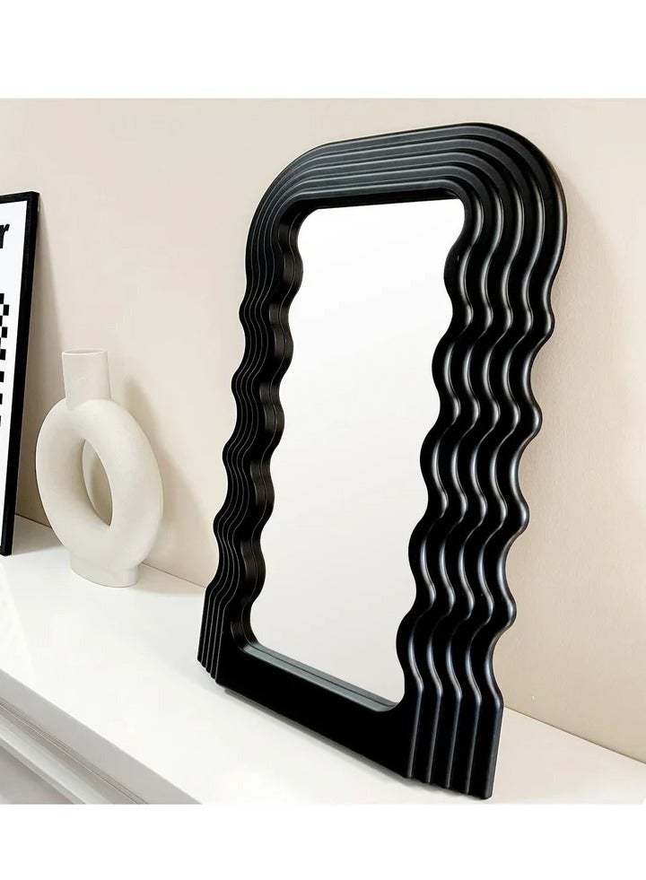 Aesthetic Wave Pattern Irregular Frame Mirror, Decorative Desk Wall Mirror for Living Room Bedroom Hallway Home Decor (Black) - Image 2