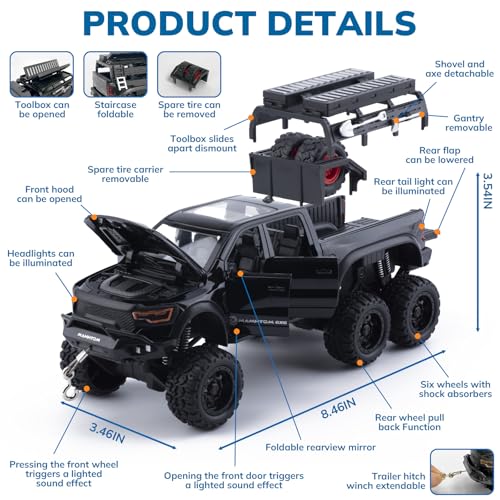 FRJV Pickup Truck Toy 124 Diecast Trucks Mammoth Model Car KitsMetal Toy Truck Suitable for Kids and Car CollectionPull Back Cars with Light and SoundTrucks for Kids Ages 48Black - Image 5